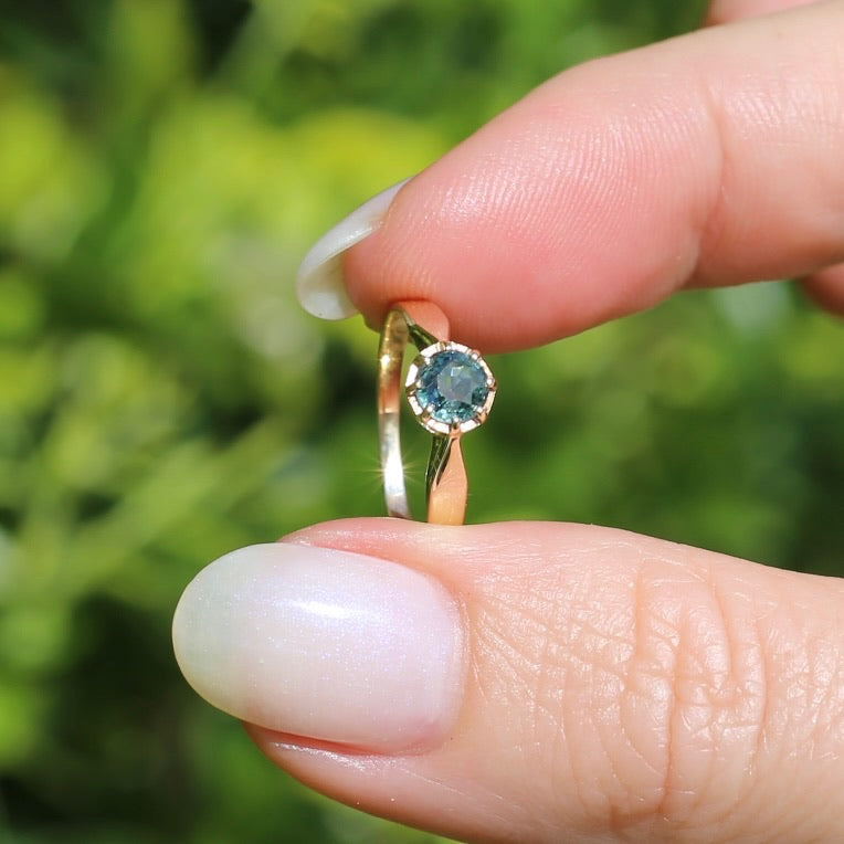 Seafoam Sapphire Solitaire in 8 Claw Setting, 9ct Yellow Gold, size L or just under 5.5