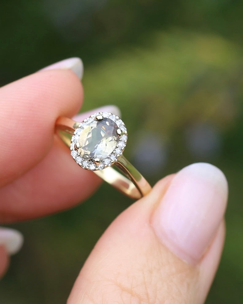 1.2ct Unheated Natural Golden Tanzanite in Diamond Halo, 10ct Yellow Gold, size O1/2 or just over 7.25, 3.0g