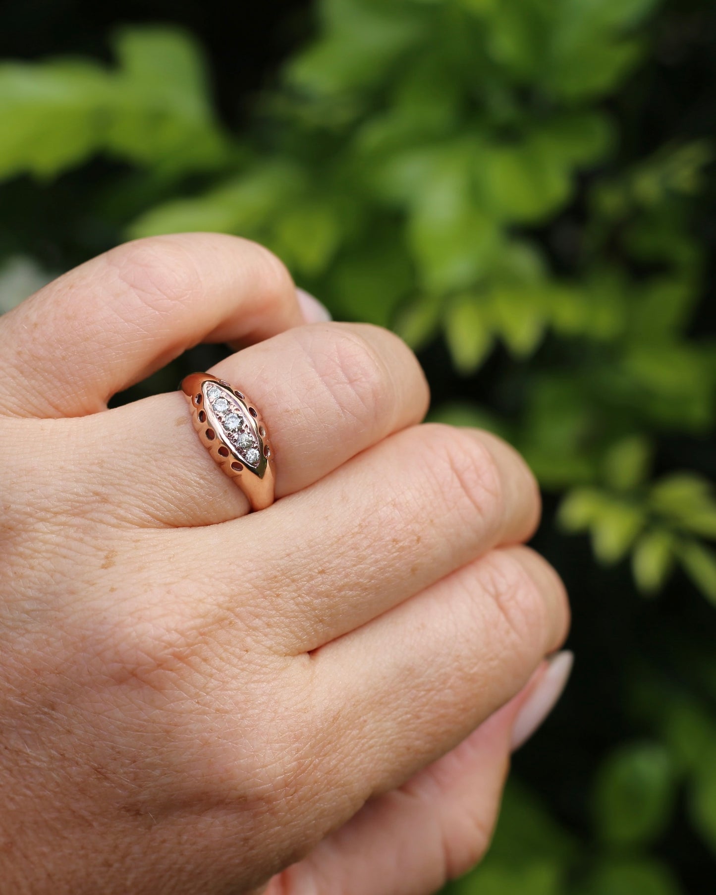 Vintique Rose Gold Boat Ring, 5 Early Brilliant Cut Diamonds, 9ct Rose Gold, size O1/2 or 7.25