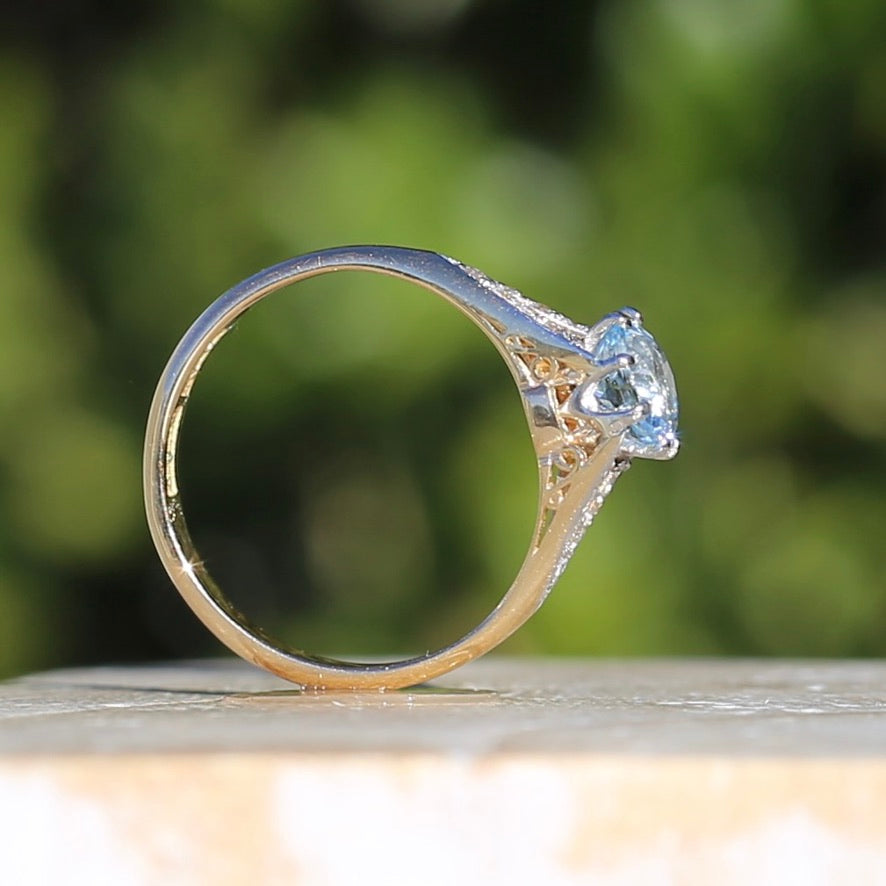 Pristine Early Australian 1930s Dunklings Blue Zircon & Diamond RIng, size L or just over 5.5