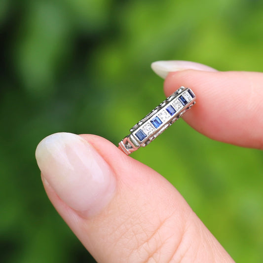 On Hold Art Deco 18ct White Gold Sapphire & Diamond Half Hoop, 18ct White Gold, size O1/2 or just smaller than 7.5