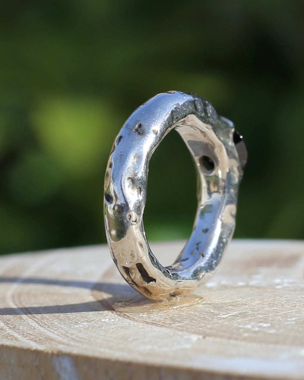 Rustic Handmade Chunky Silver Ring with Black Glass Round Brilliant Semi Bezel Set Stone, size L or 5.75