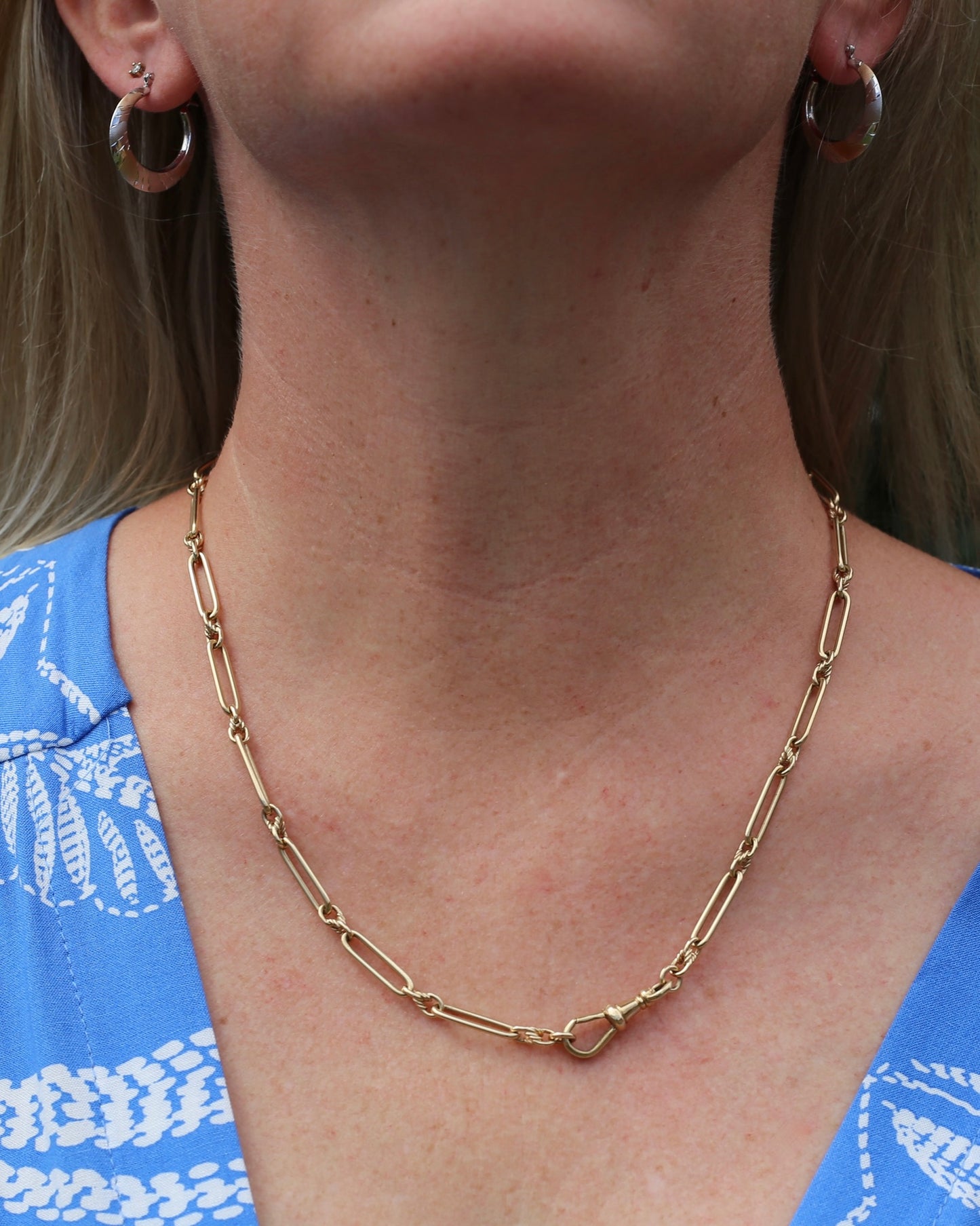 Vintique Trombone and Love Link Chain Single Albert Clasp, 9ct Gold, 51cm or 20 inches, 22.5g