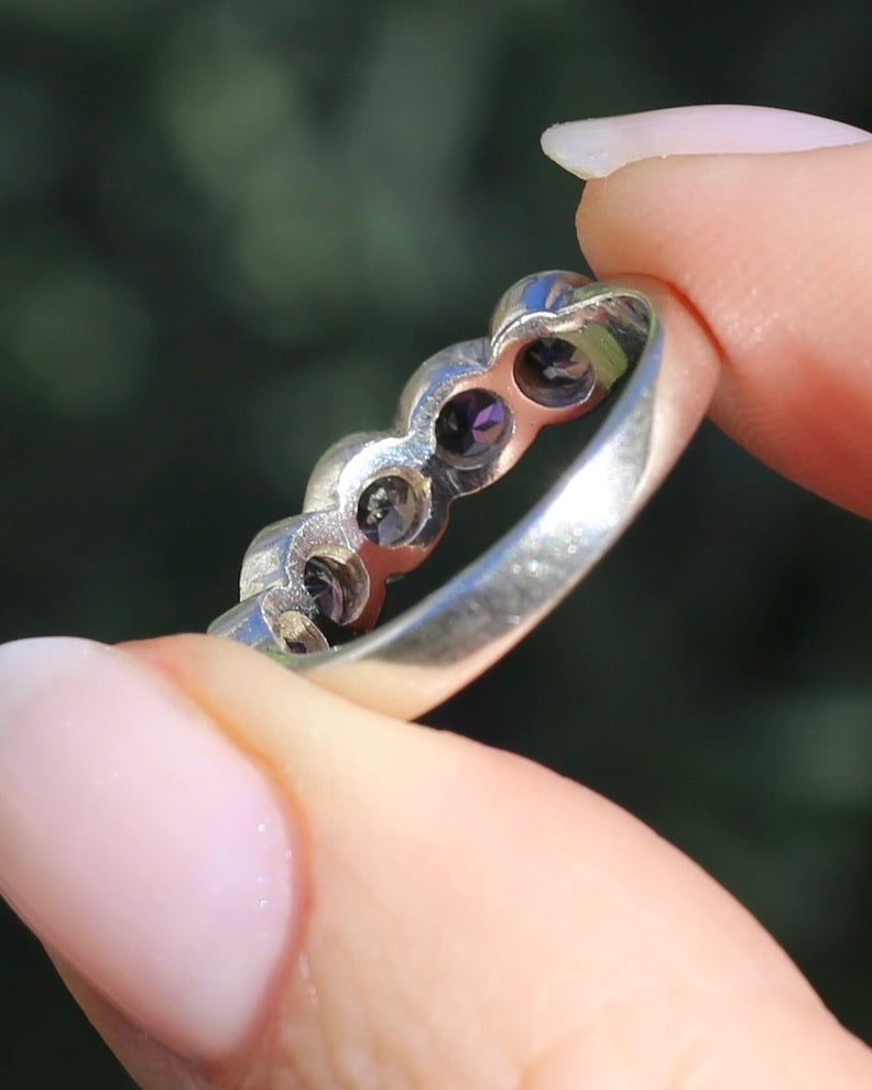 Five Stone Bezel Set Amethyst Silver Ring, Sterling Silver, size O or 7.25, 3.41g
