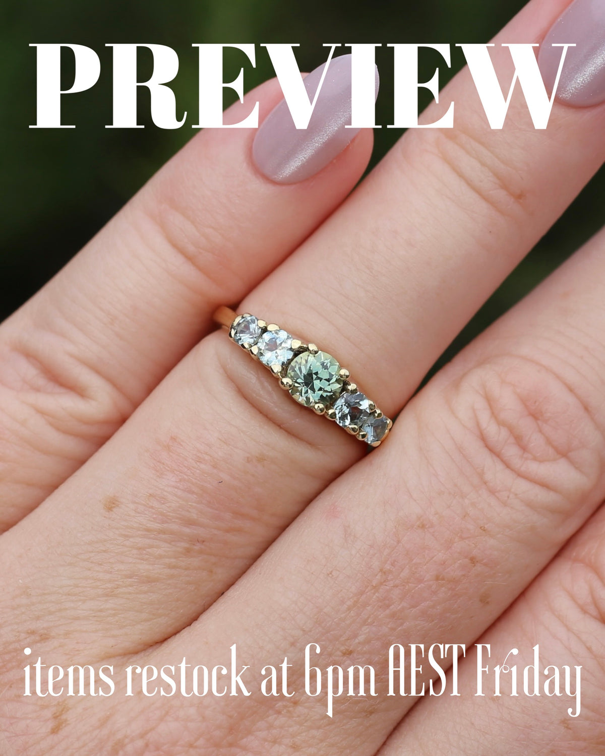1.35ct Blue Green Natural Five Stone Sapphire Ring, 9ct Yellow Gold, size 6.5 or just over M1/2, 2.91g