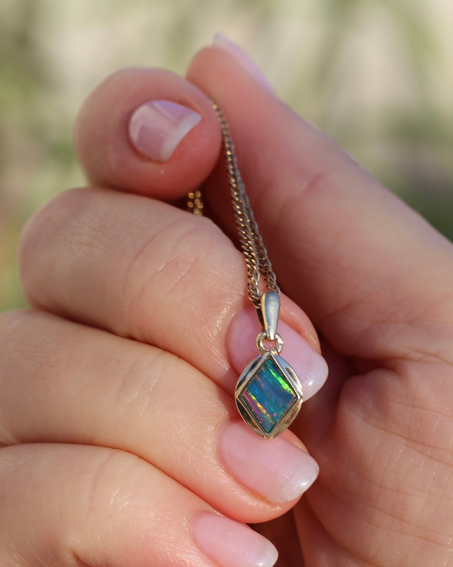 Bezel Set Solid Opal Diamond Shaped Pendant, 14ct Yellow Gold, 0.88g