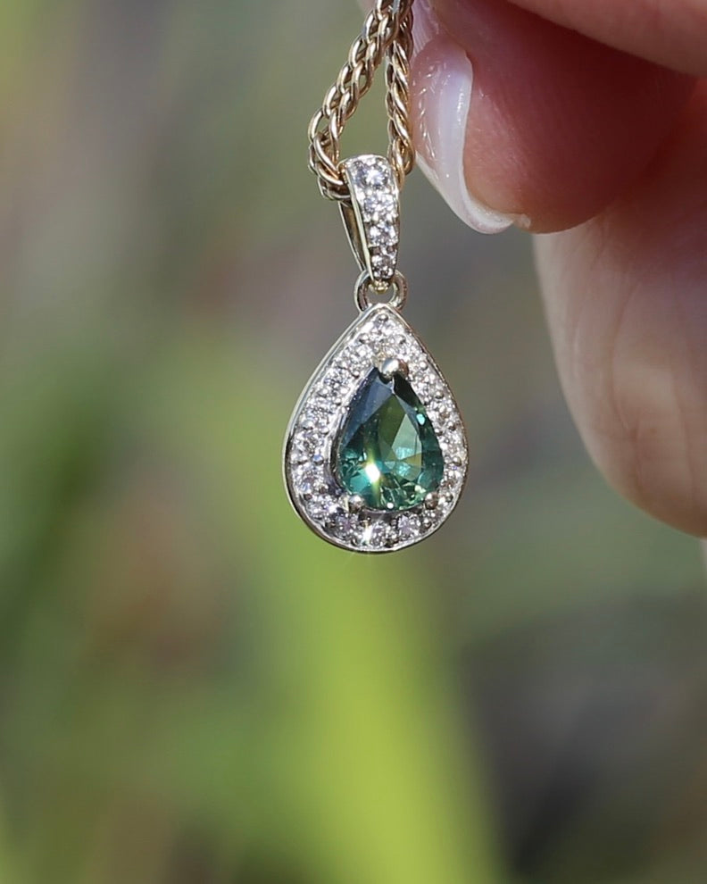 0.75ct Natural Green Parti and Natural Diamond Halo Pendant, 9ct Yellow Gold, 0.86g