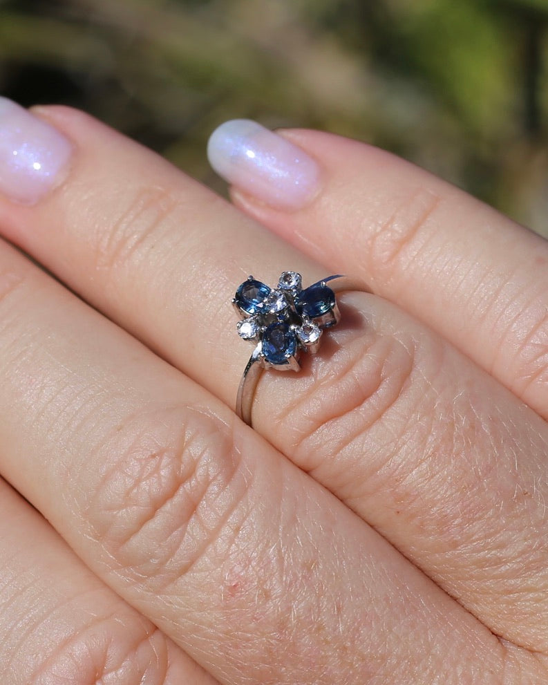Vintage Parti Sapphire and White Quartz Cluster Ring, 9ct White Gold, size M or just over 6, 1.7g