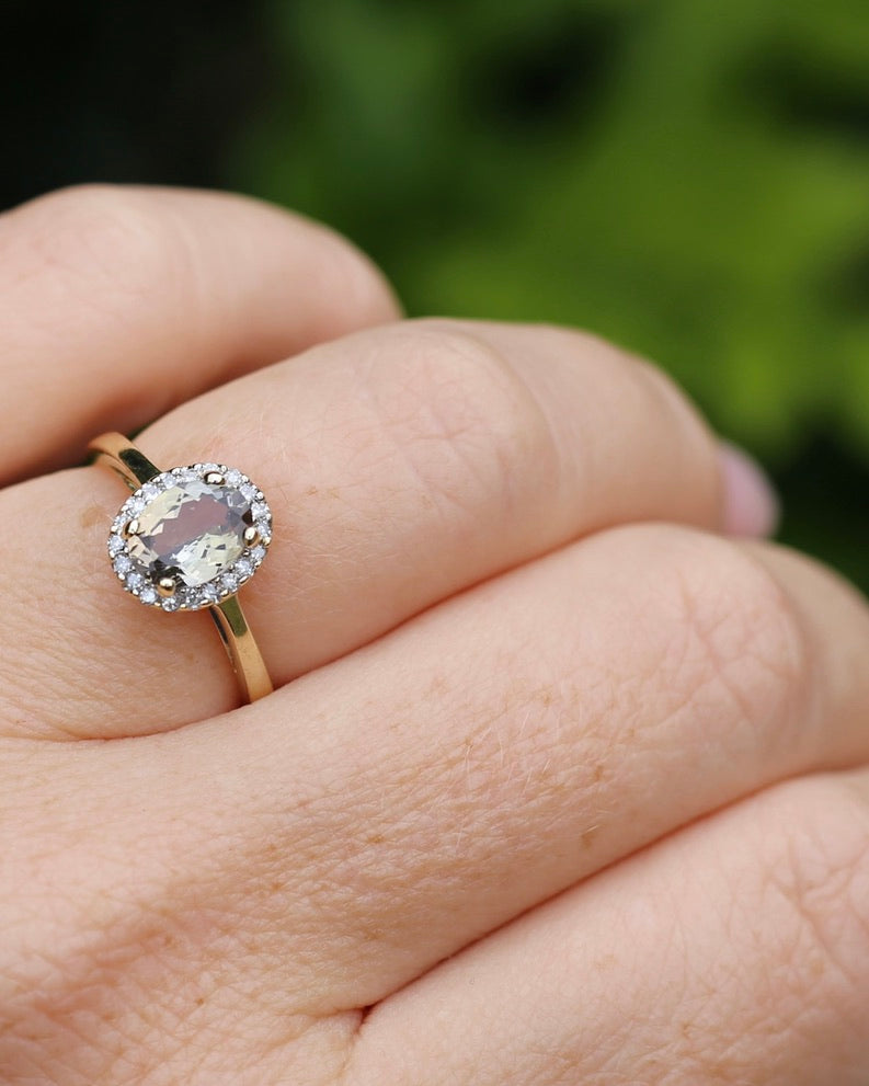 1.2ct Unheated Natural Golden Tanzanite in Diamond Halo, 10ct Yellow Gold, size O1/2 or just over 7.25, 3.0g