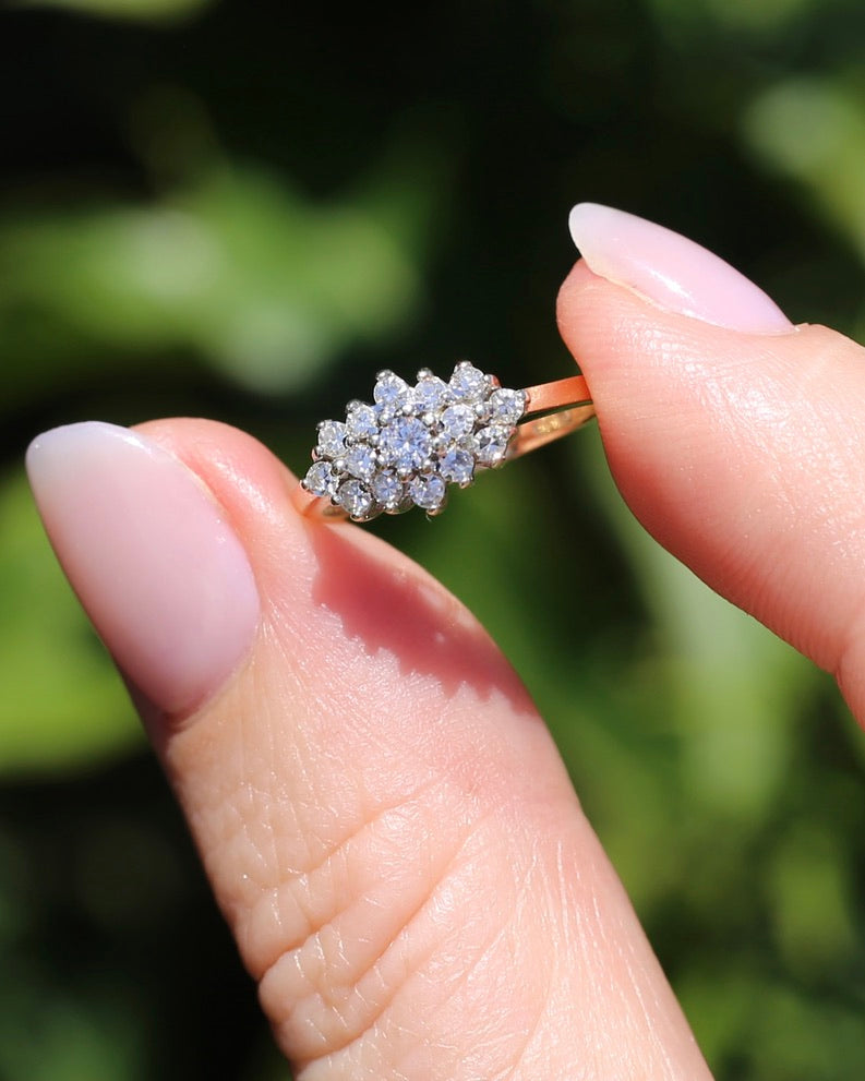 1991 London Made Diamond Cluster Ring, 9ct Yellow and White Gold, size J or 4.75, 2.2g