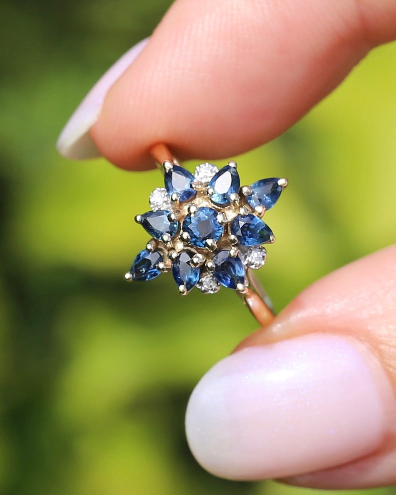 Vintage Blue Sapphire and Diamond Cluster Ring, 9ct Yellow Gold, size N or 6.75, 2.34g