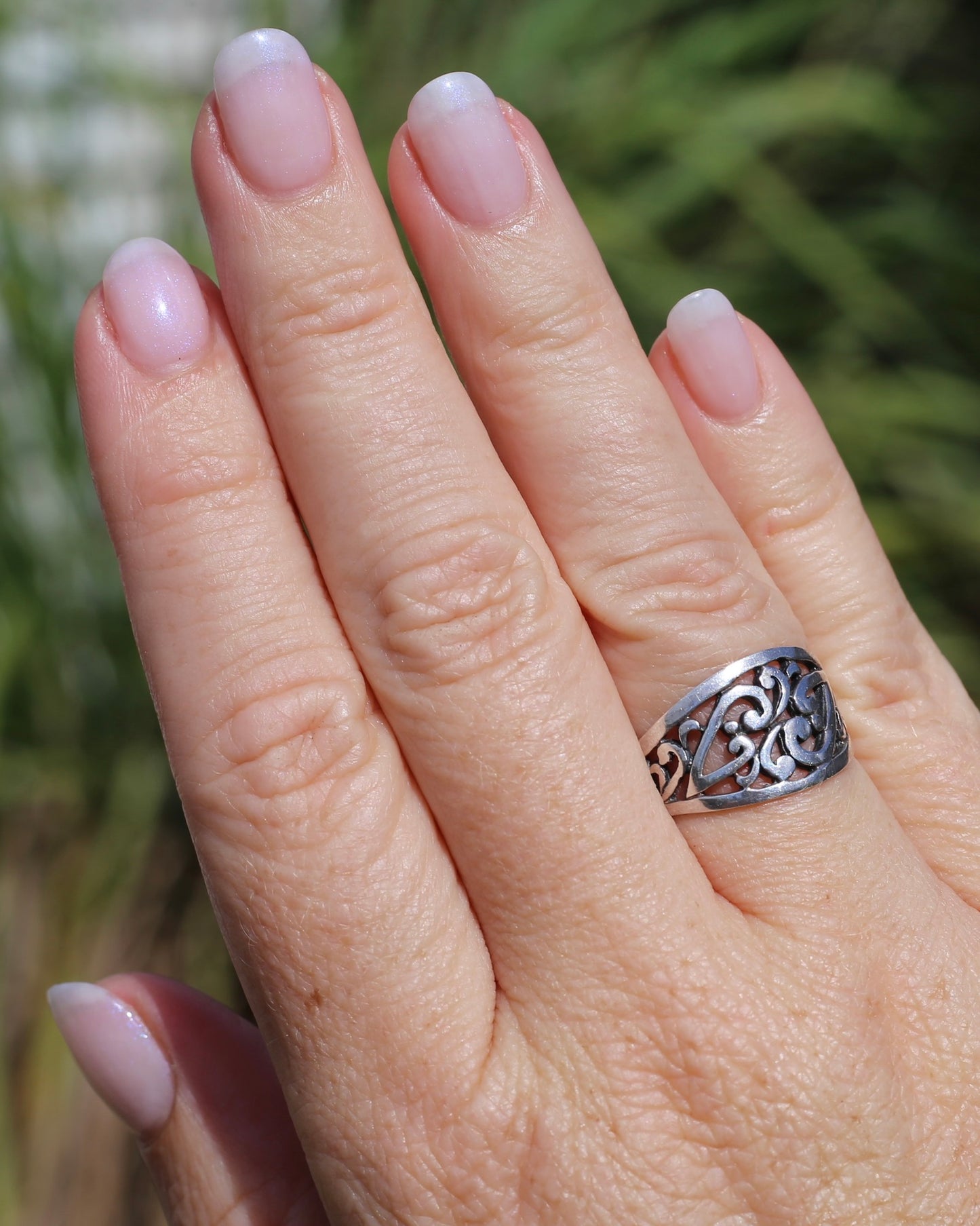 Hand Carved Flat Swirl J Ring, Sterling Silver, size R or 8.5 - fits more like a Q1/2 due to width, 3.78g