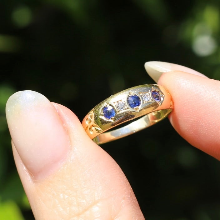 1897 Old Cut Sapphire and Diamond Five Stone Ring, 18ct Yellow Gold, size O or 7.25