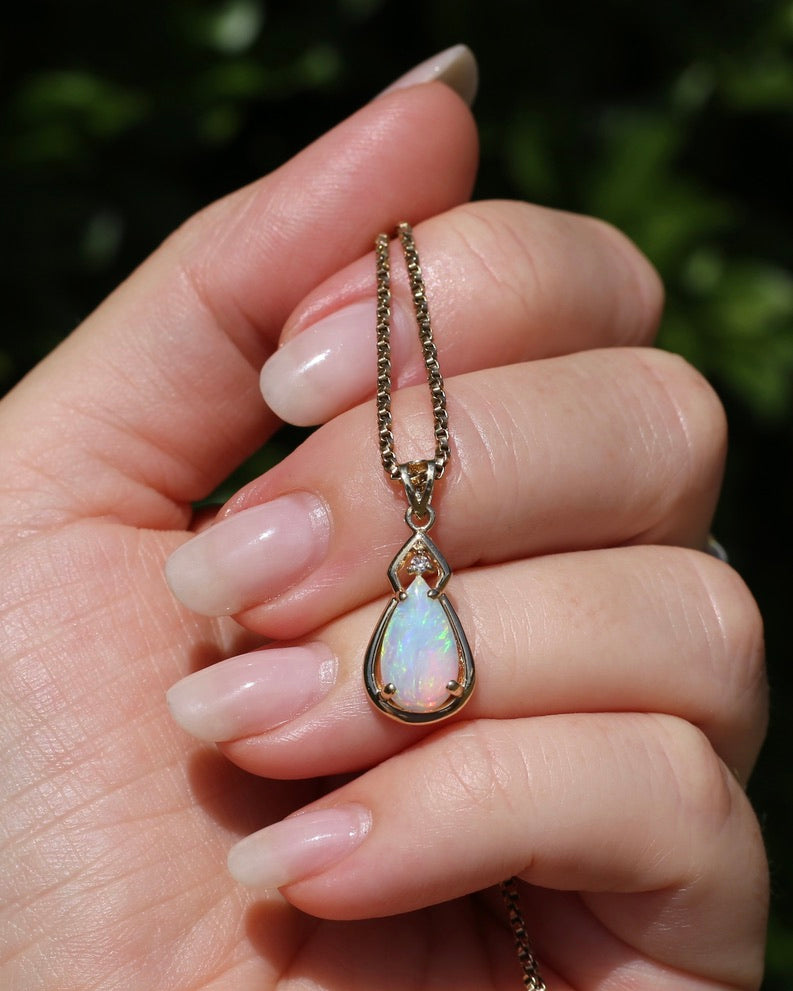 Pear Crystal Opal and Diamond Pendant, 10ct Yellow Gold, 1.5g