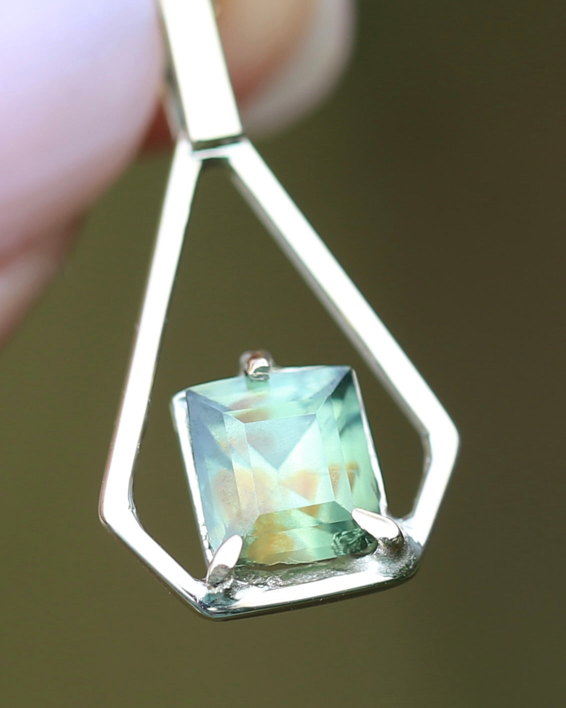 Modified Carre Cut Unheated Green Natural Sapphire in Handmade Vintage Pendant, 9ct Yellow Gold, 0.78g