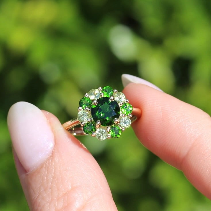 Chrome Diopside and Green Garnet Daisy Cluster Ring, 9ct Yellow Gold, size N1/2 or 7