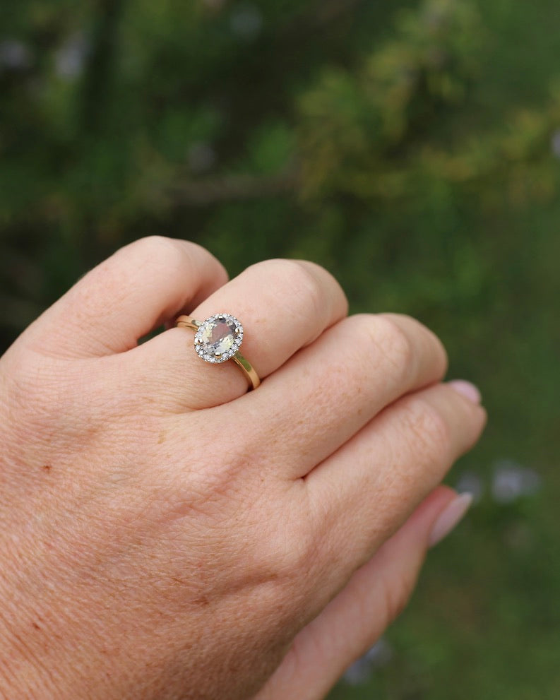 1.2ct Unheated Natural Golden Tanzanite in Diamond Halo, 10ct Yellow Gold, size O1/2 or just over 7.25, 3.0g