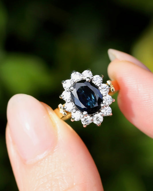 Vintage c1980s Diana Halo, Natural Sapphire and Diamond Halo, 18ct Yellow and White Gold, size P or 7.75 with valuation