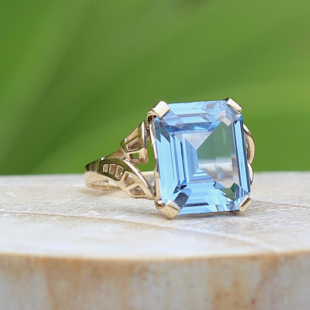 Mid Century Emerald Cut Blue Spinel Cocktail Ring, size N1/2 or 6.75