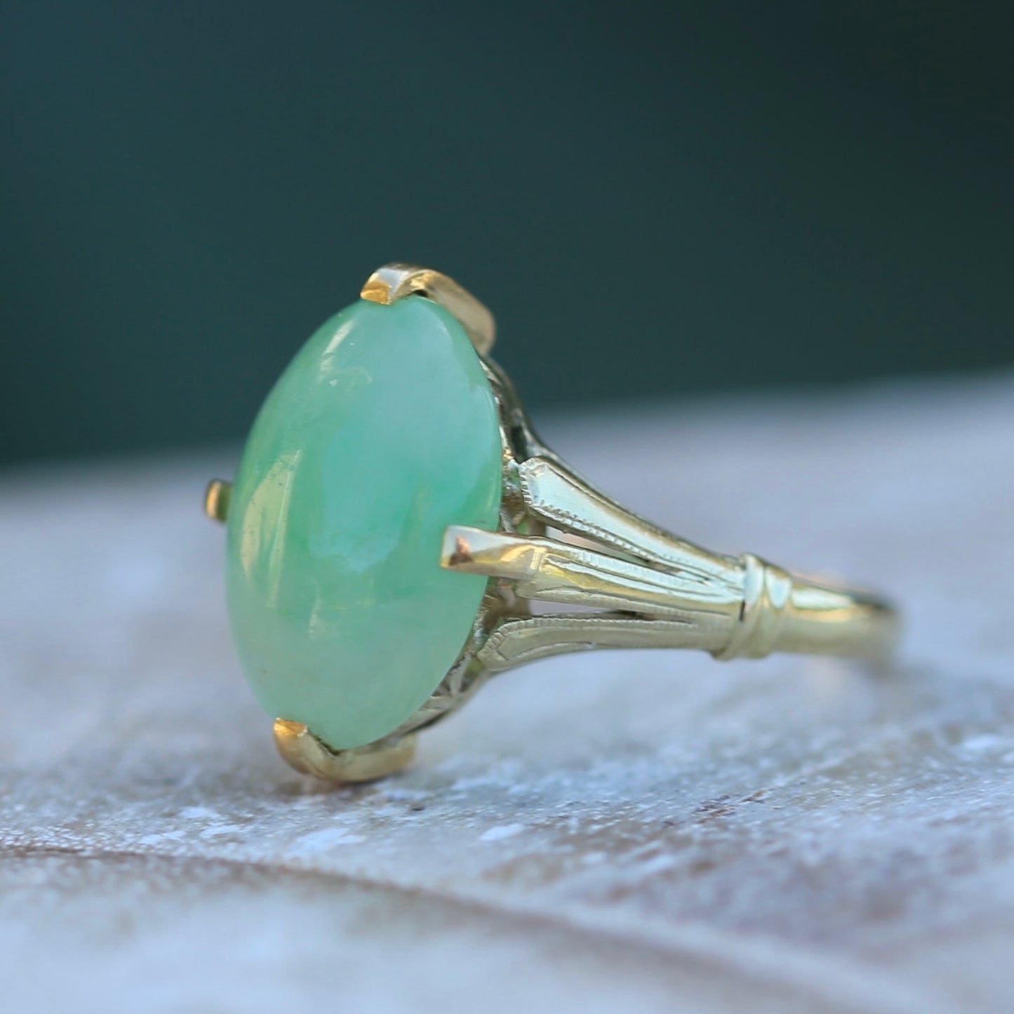 Apple Green Oval Jade Cabochon, 14ct Yellow Gold Claws with Fab Shoulders, size 5.5 or K1/2