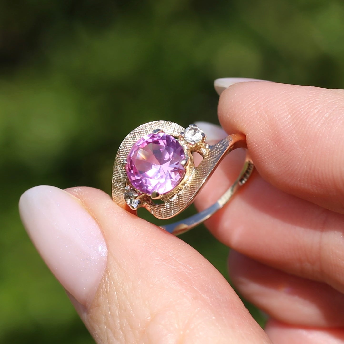 Asymmetric Pink Sapphire and White Spinel Dress Ring, 10ct Yellow Gold, size  N or 6.75