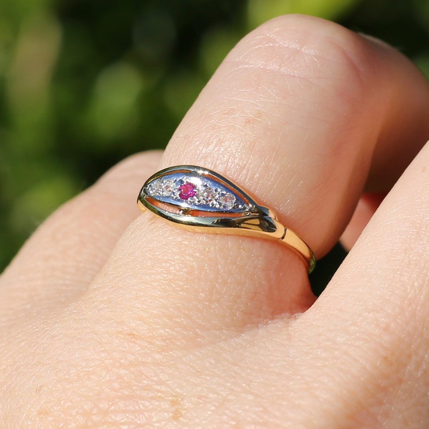 Antique Boat Ring with Four Old Cut Diamonds and an Old Cut Pink Topaz, 18ct Yellow and White Gold, size 7 or N1/2