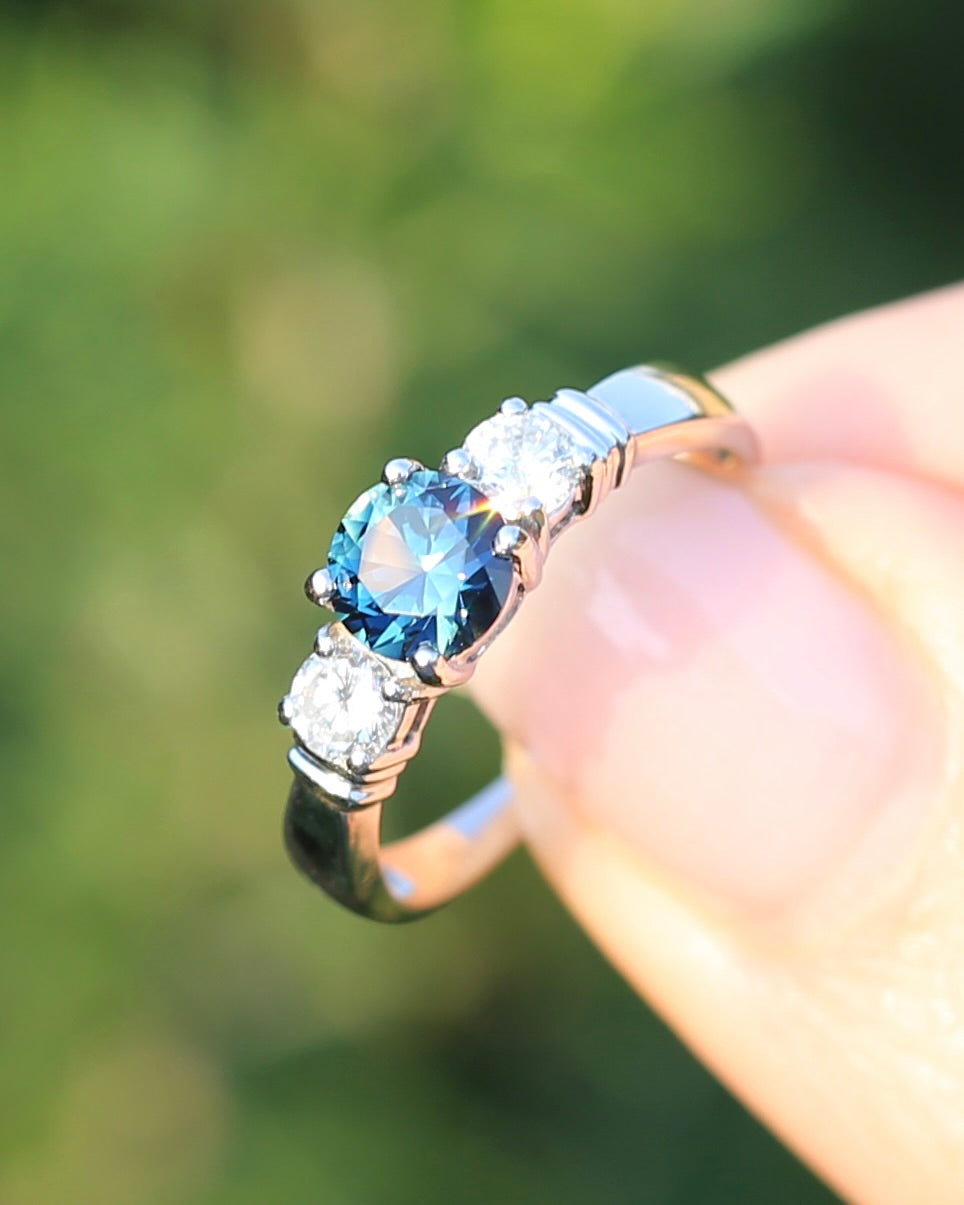 Unheated Eye Clean Parti Sapphire and Natural Diamond Trilogy, 9ct White Gold, size O1/2 or 7.5, 3.01g, with valuation