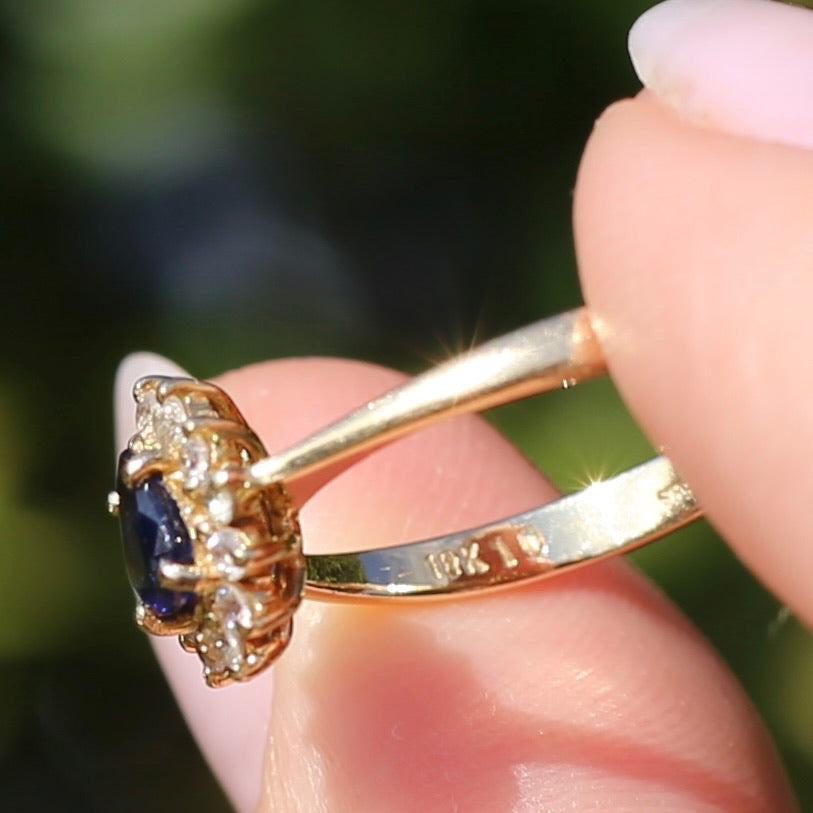 Pear Shaped Sapphire with Halo, 14ct and 18ct Yellow Gold, size 7 or just under O