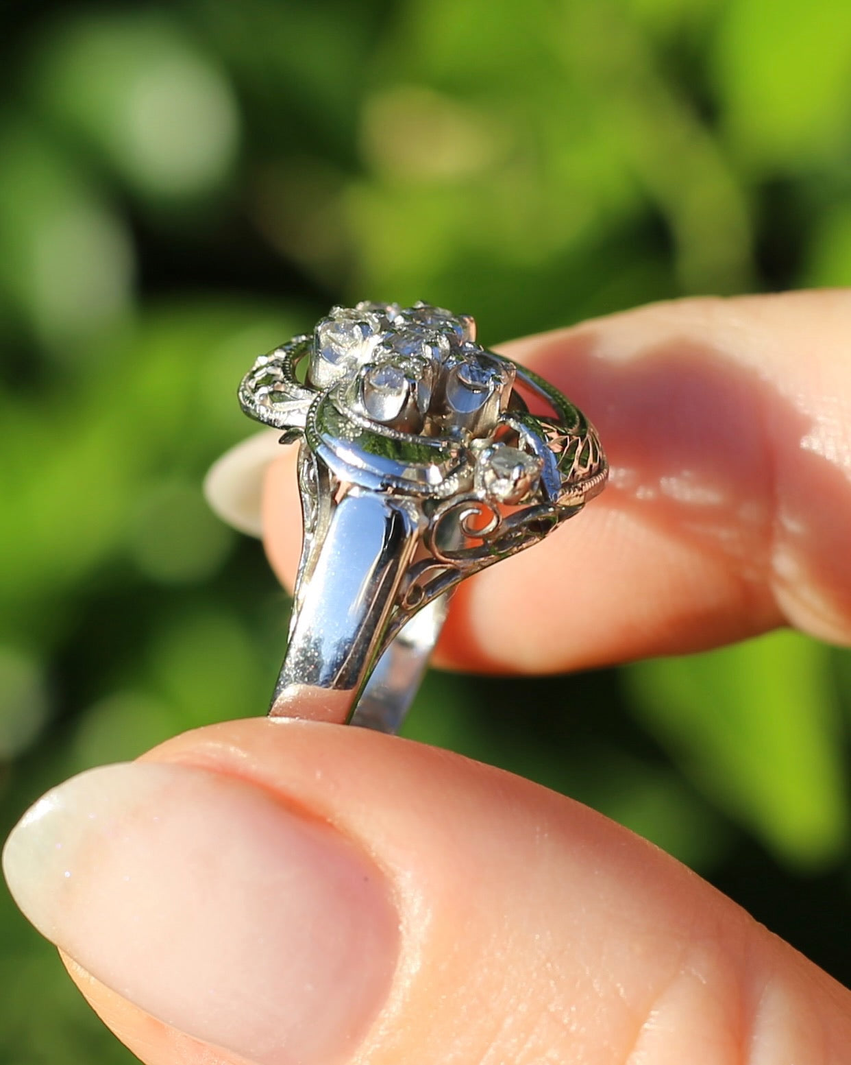 Old Cut and Early Brilliant Cluster Clover Ring, 9ct White Gold, size O or 7