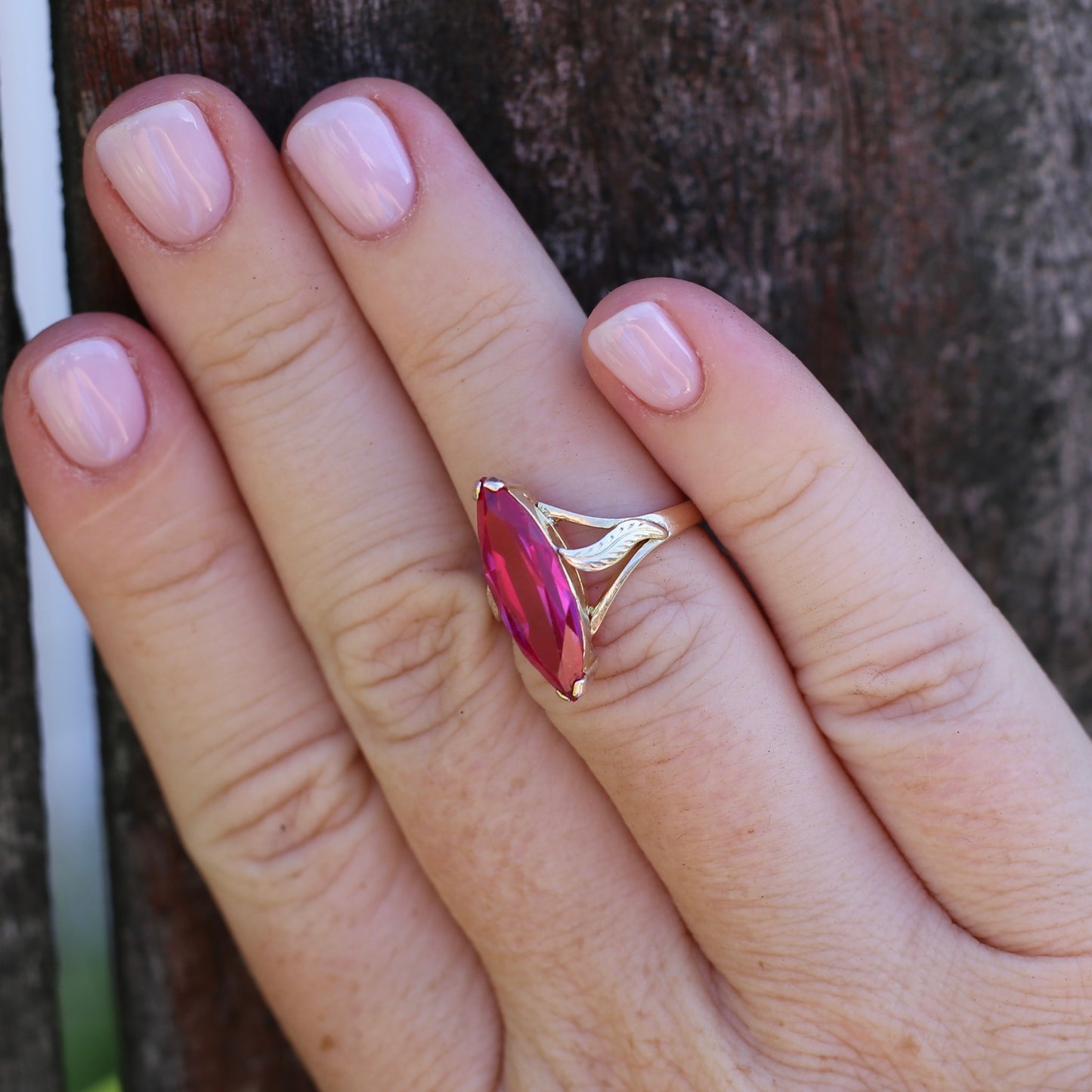 Mid Century Russian Synthetic Ruby Ring, 14ct Rosey Gold, size L1/2 or 6