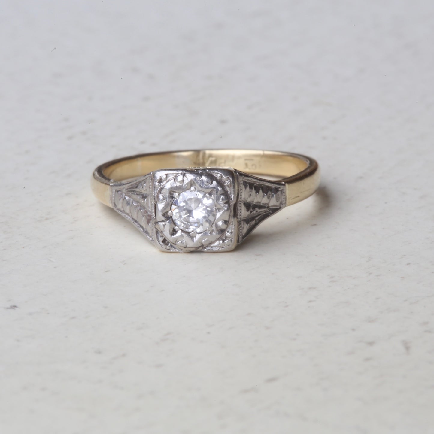 1930s Art Deco Inspired Platinum and 18ct Gold Solitaire Ring, size N or almost 6.75