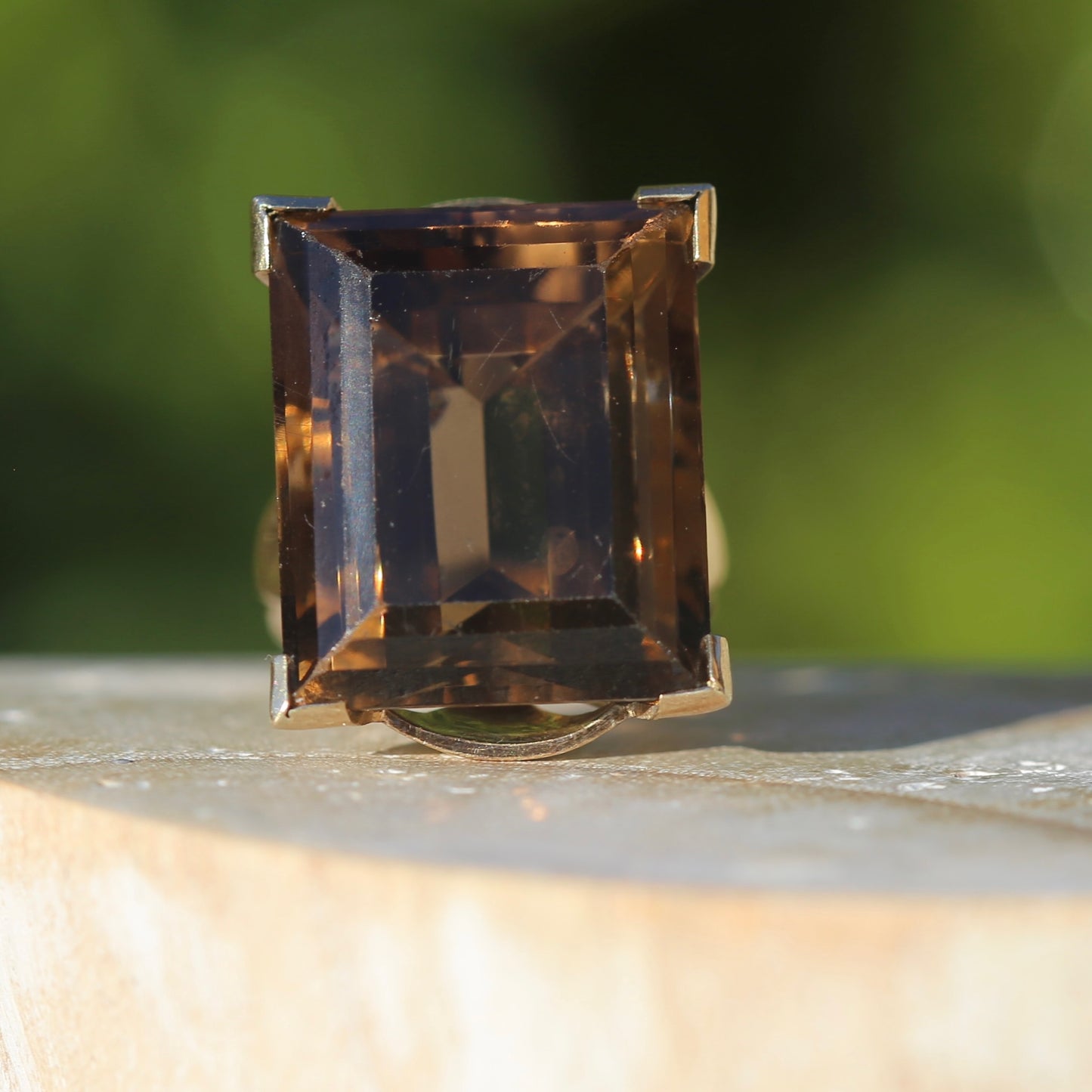 Mid Century 36ct Princess Cut Smoky Quartz Cocktail Ring, 9ct Yellow Gold, size N1/2 or 6.75