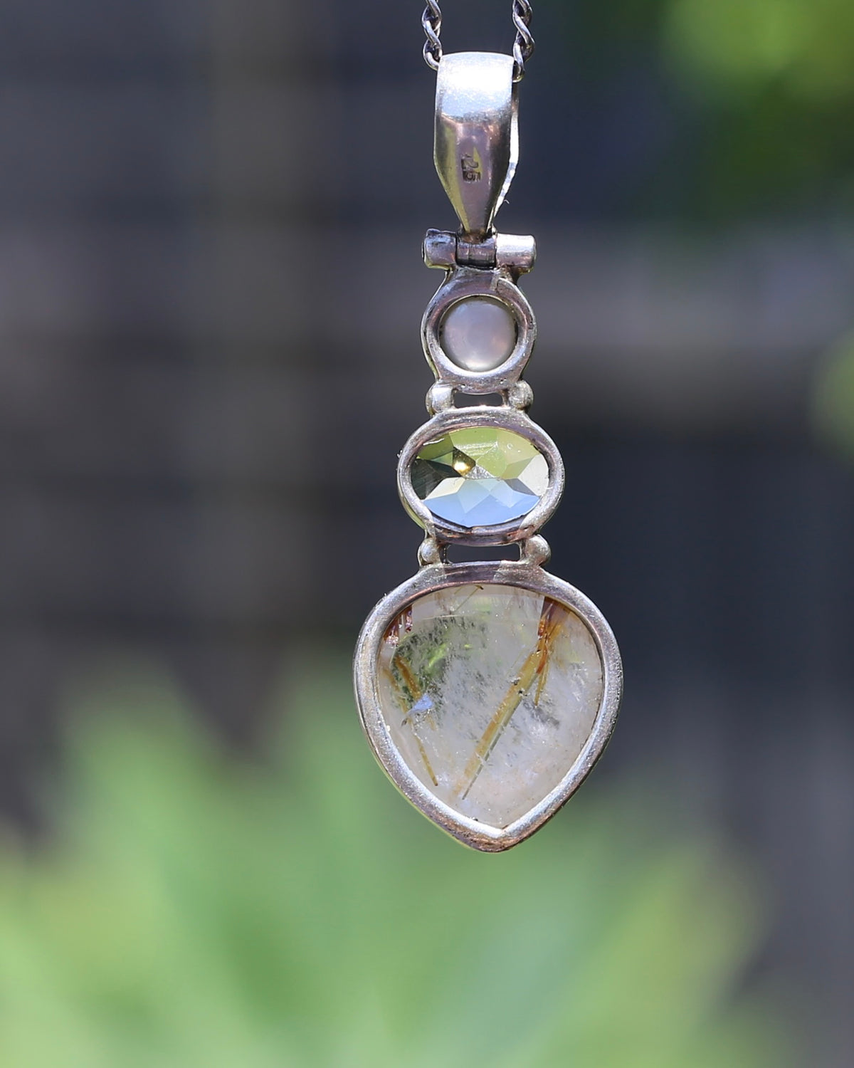 Freshwater Pearl, Citrine and Rutilated Quartz Cabochon Pendant, Sterling Silver, 6.0g