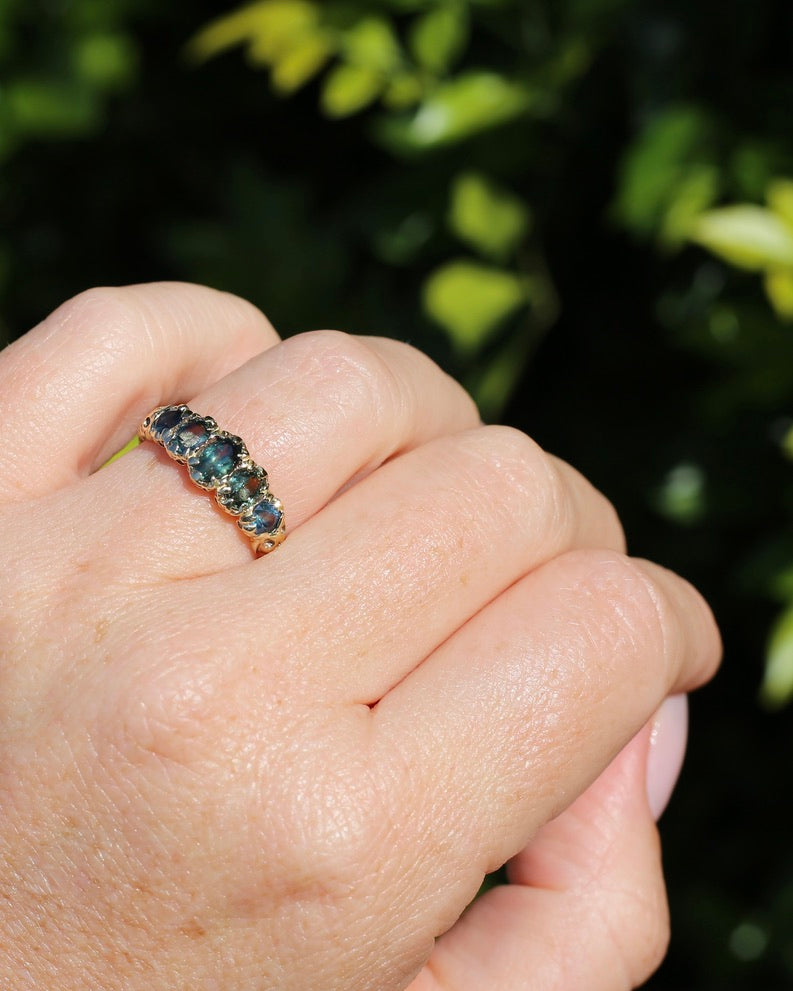 2.08ct Parti Sapphire Five Stone Ring,London Made 1989 9ct yellow Gold, size P1/2 or 8, 3.07g