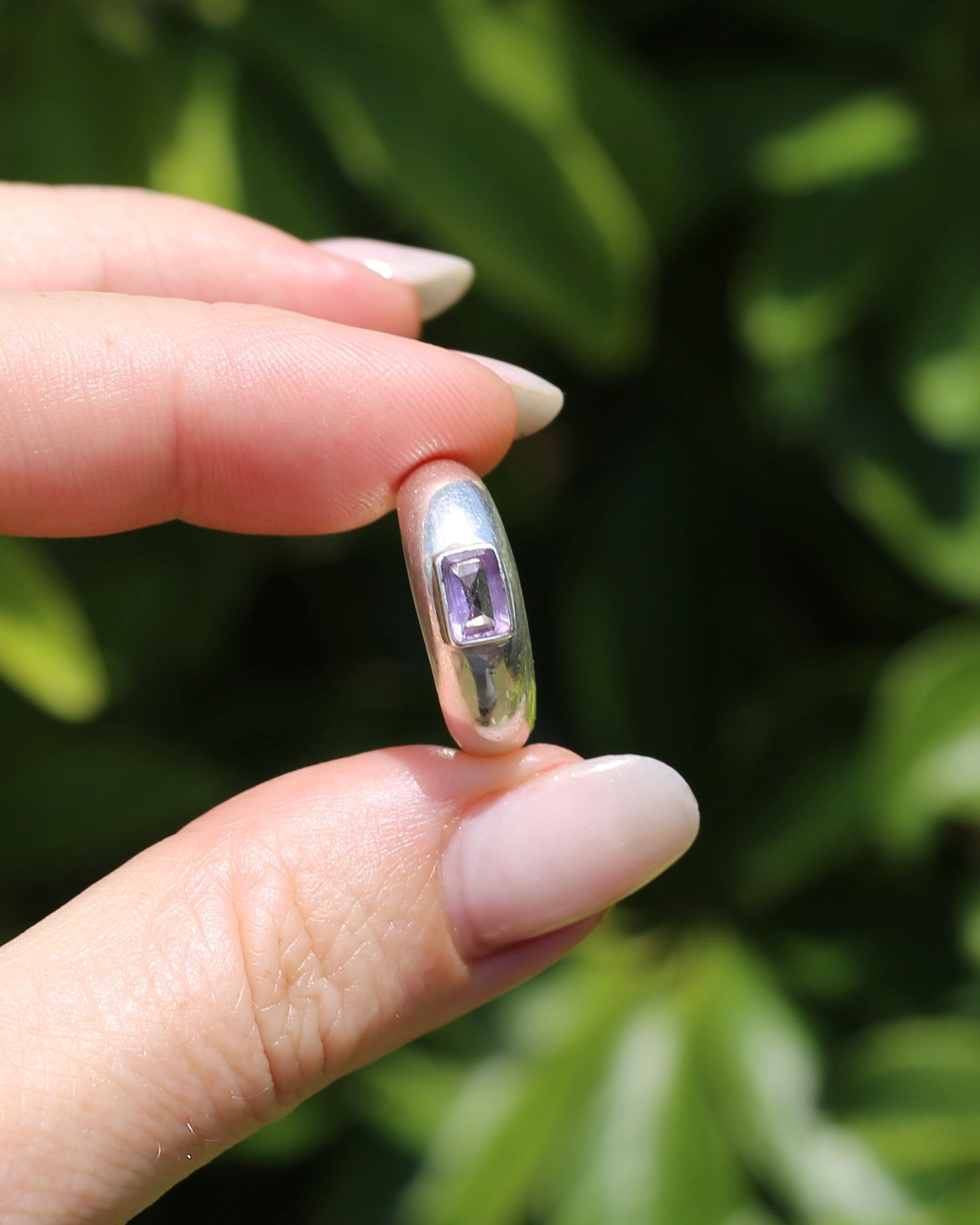 Chunky Emerald Cut Amethyst East West Bezel Set Ring, Sterling Silver, size O or 7.25, 6.1g