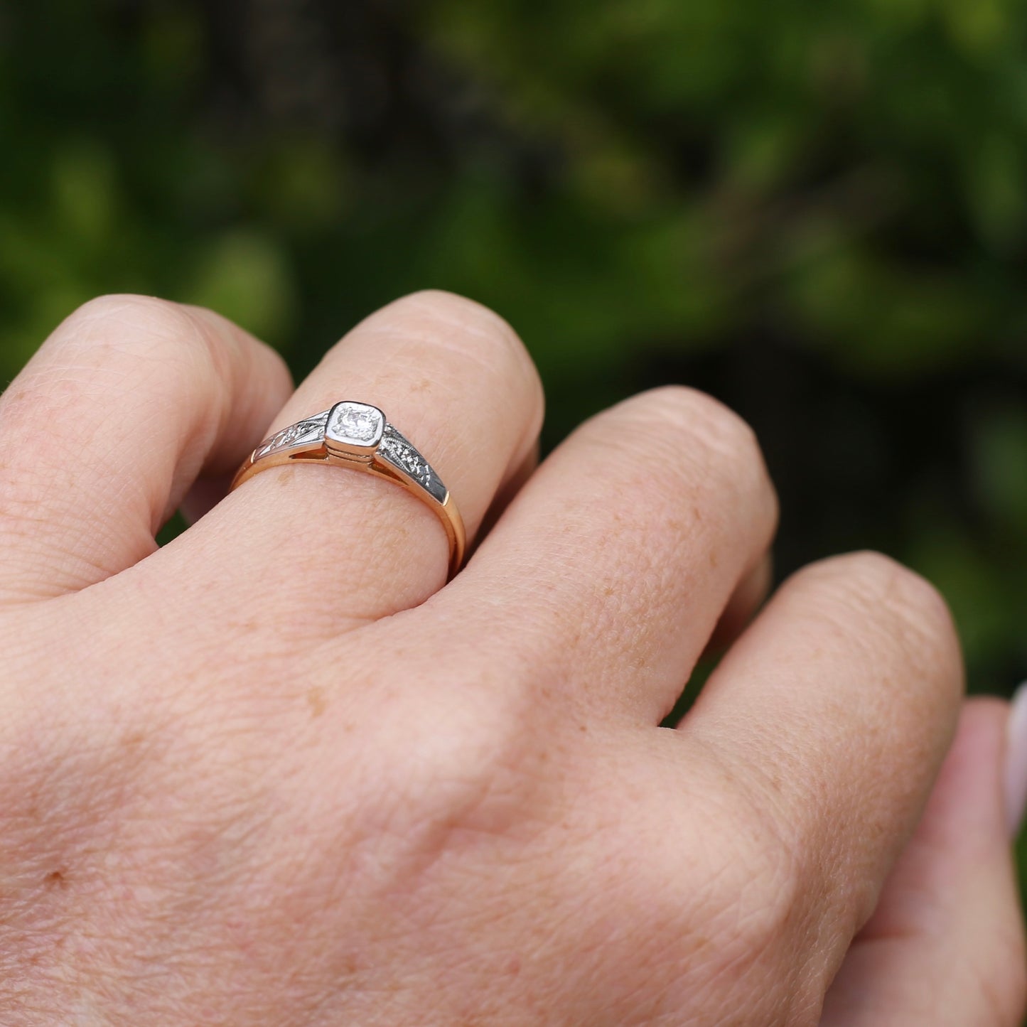 Art Deco 1930s Mixed Metal Transitional Cut Diamond Solitaire, 17.5ct Yellow and White Gold, size O1/2 or 7.5