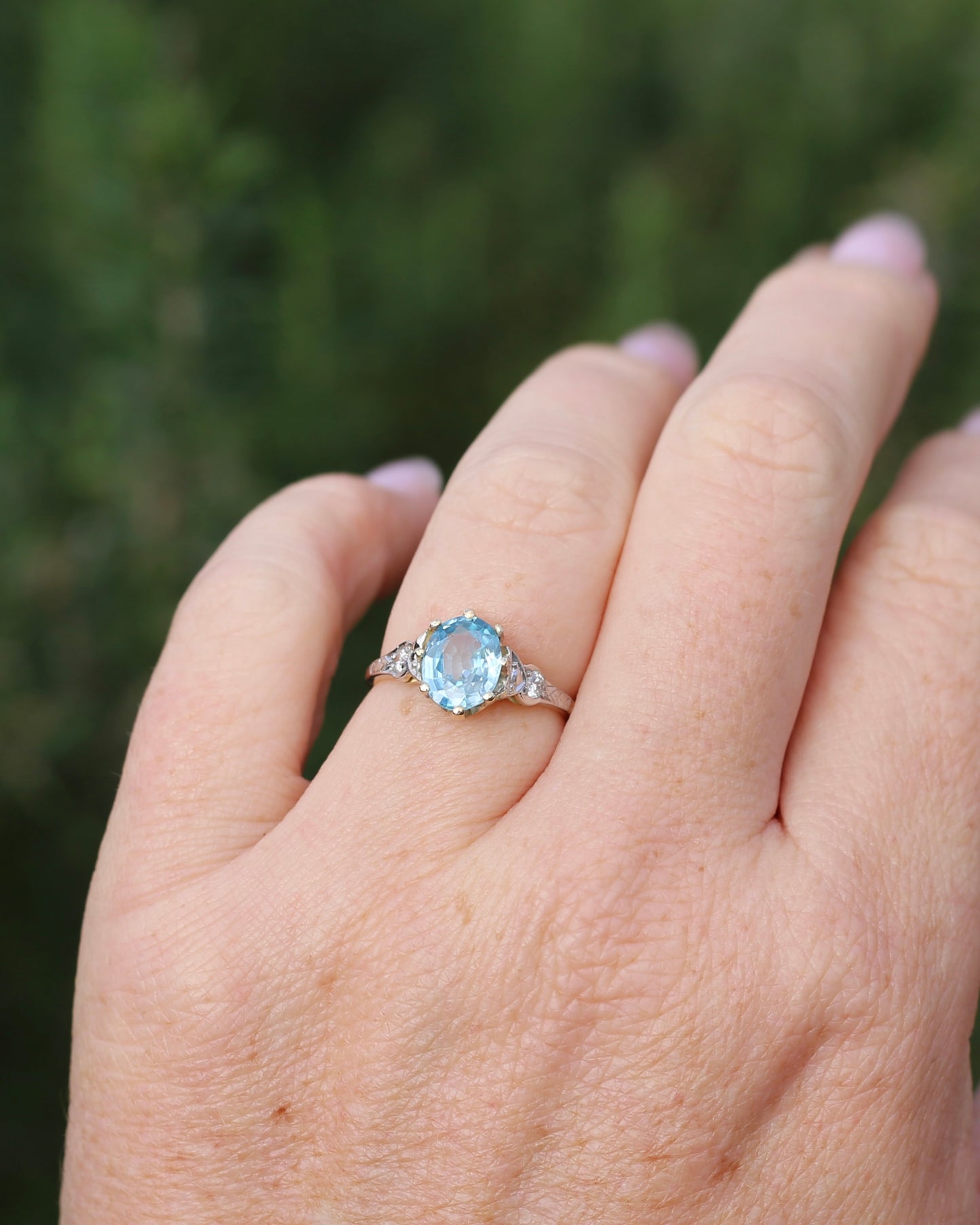 Circa 1930s Art Deco Blue Zircon and Diamond Ring, 18ct size just over M1/2 or 6.5, 2.80g