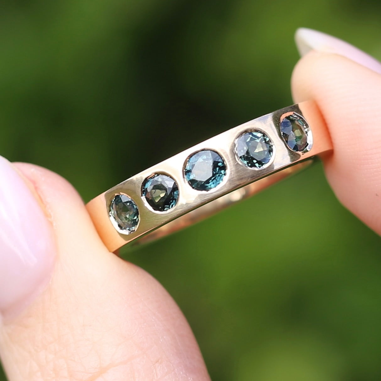 Custom Reclaimed Gold Chunky 9ct Rings with 4mm Parti Sapphires