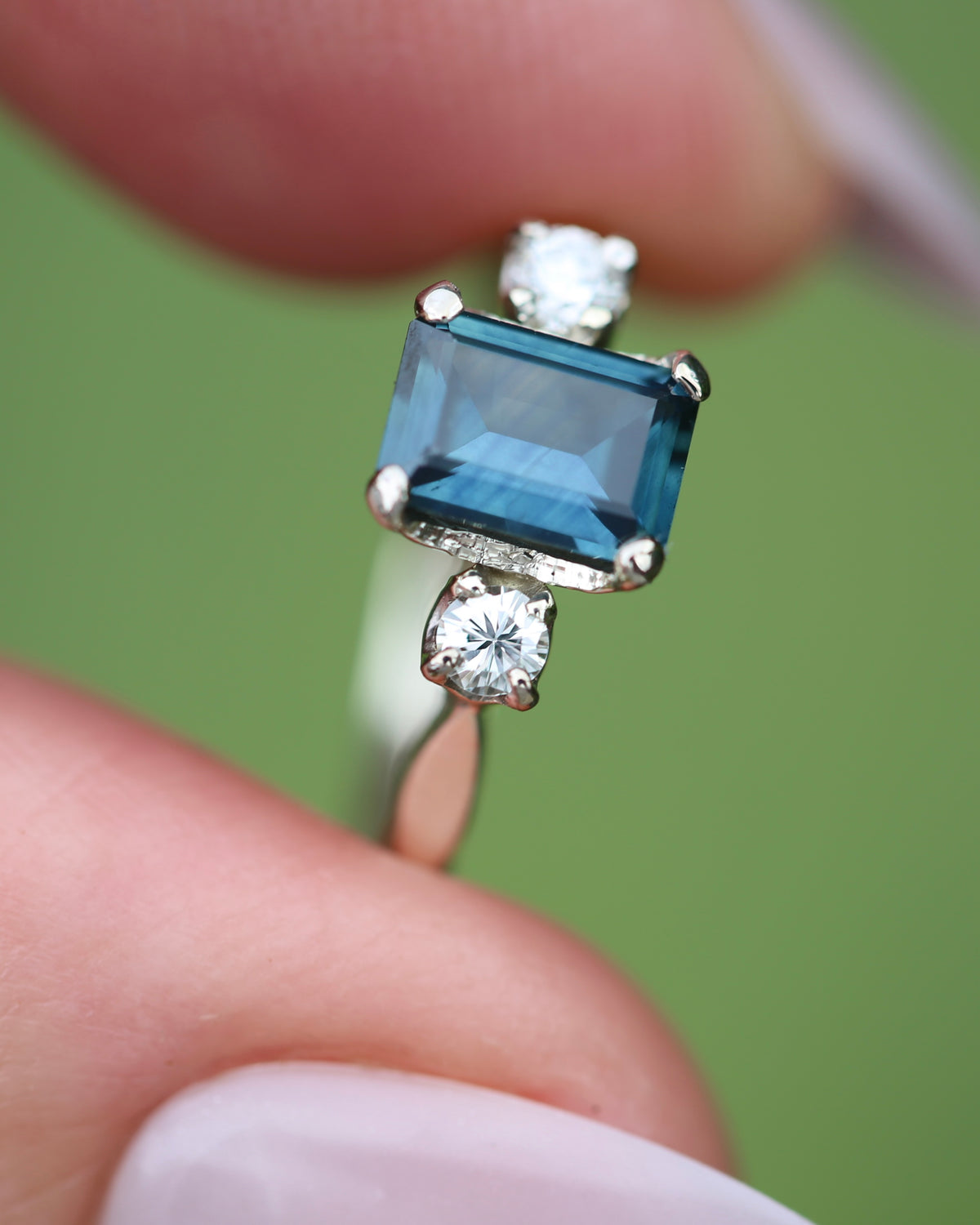 1.1ct Emerald Cut Natural Blue Teal Sapphire and Diamond Trilogy, 18ct White Gold and Platinum, size O or just over 7, 2.27g