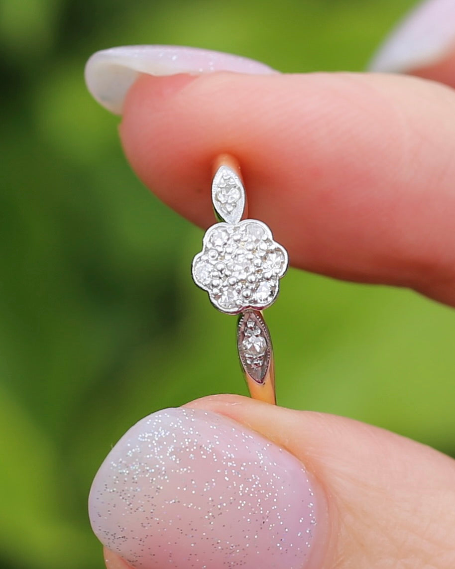 Circa 1930s Single Cut Daisy Cluster, 18ct Yellow Gold and Platinum, size M1/2 or 6.5, 2.2g