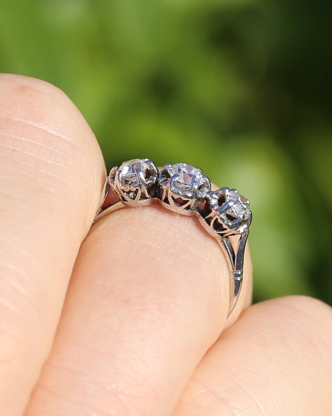 Circa 1930s Transitional Cut Diamond Trilogy with Kozibe Effect, Platinum, size L or 5.75, 2.68g, with valuation