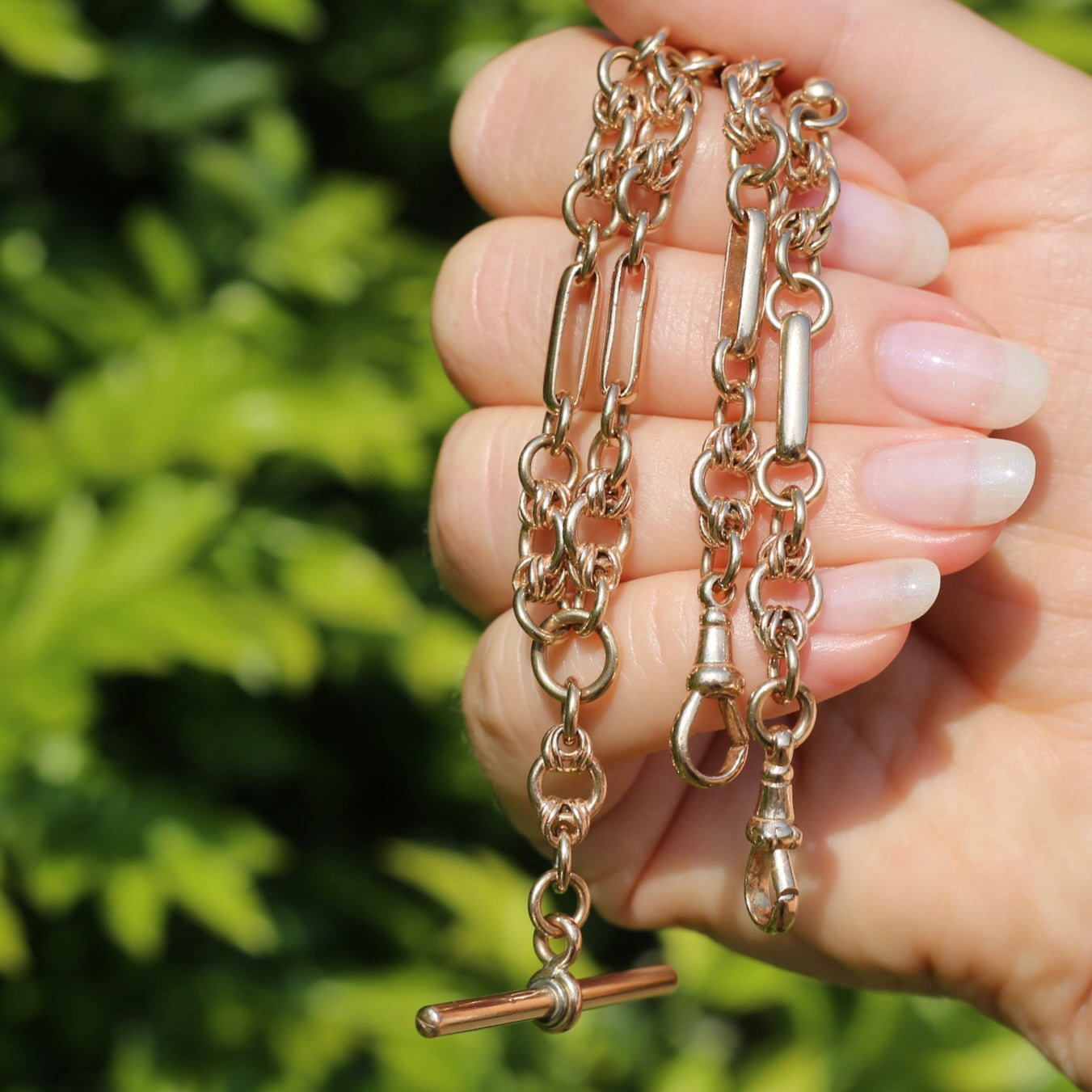 Antique - likely Victorian - Fancy Link 9ct Rosey Gold Double Watch Chain with Fob, 21inches, 41.25g