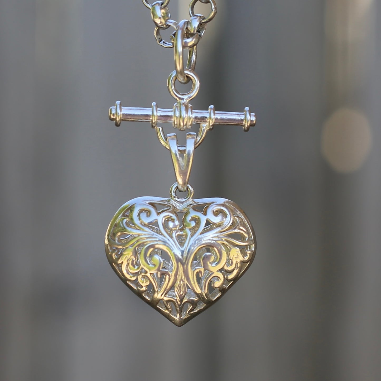 Modern Filigree Heart Fob with T-bar, 7.79g