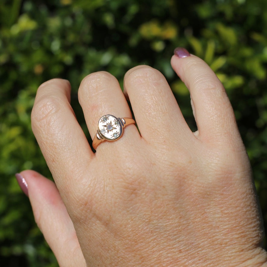 Early Australian Joseph Lawrence Signet Ring, Star Set with 5 Old Cut Diamonds, size T or 9.5