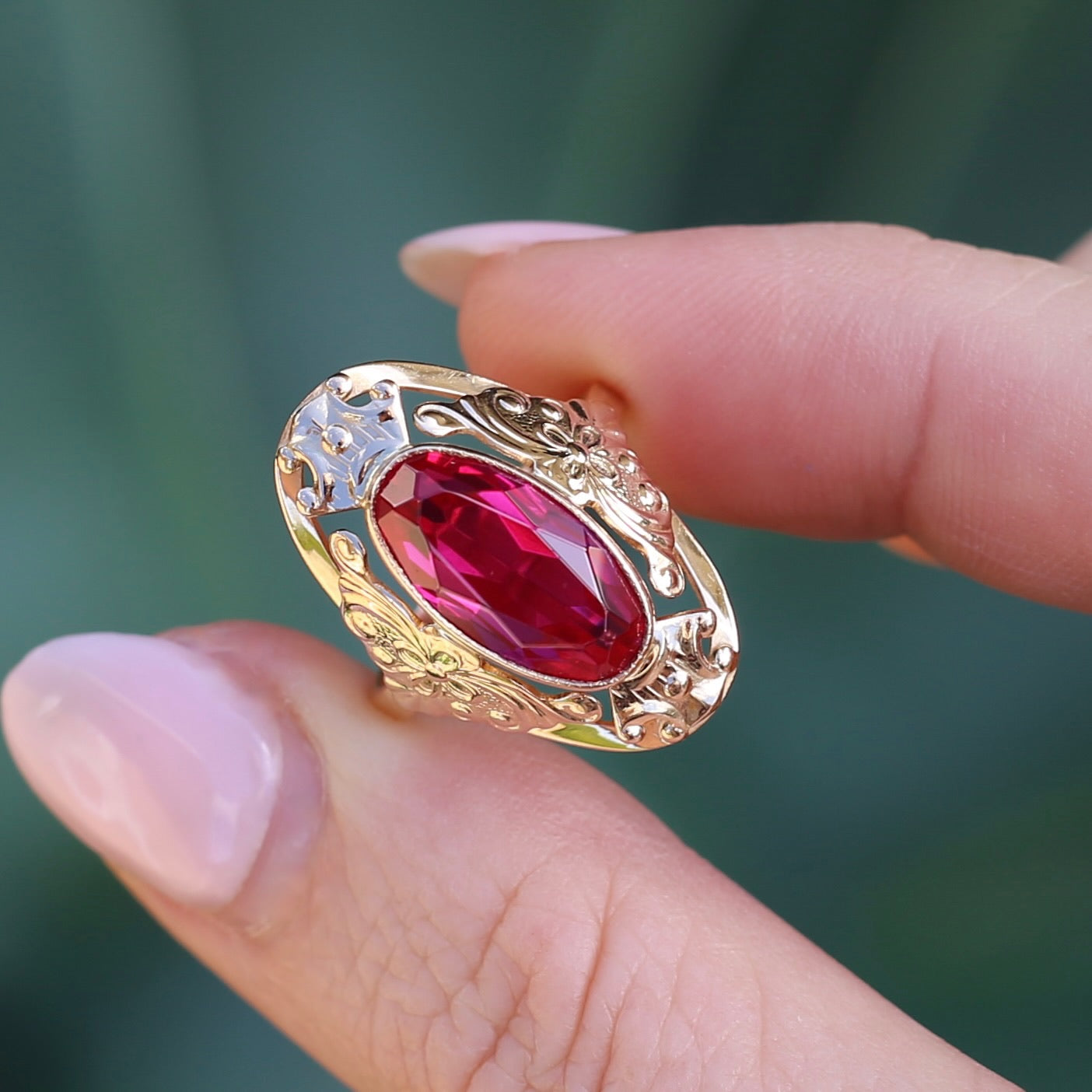 Mid Century Russian Oval Synthetic Ruby in Rosey Gold Floral Setting, 14ct Old Rosey Gold, size N1/2 or 7