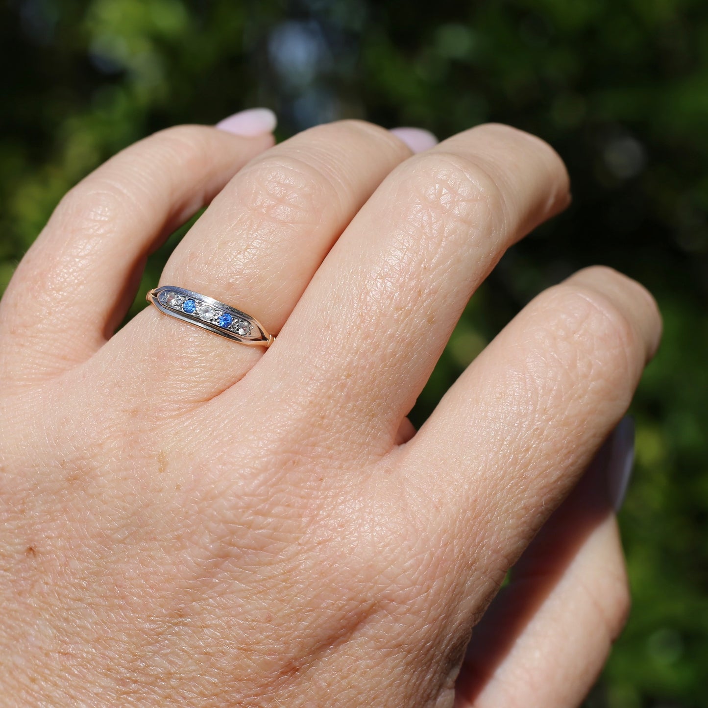 1930s 15ct Gold and Platinum 5 Stone Spinel Ring, 15ct Yellow Gold & Platinum, size M1/2 or 6.5