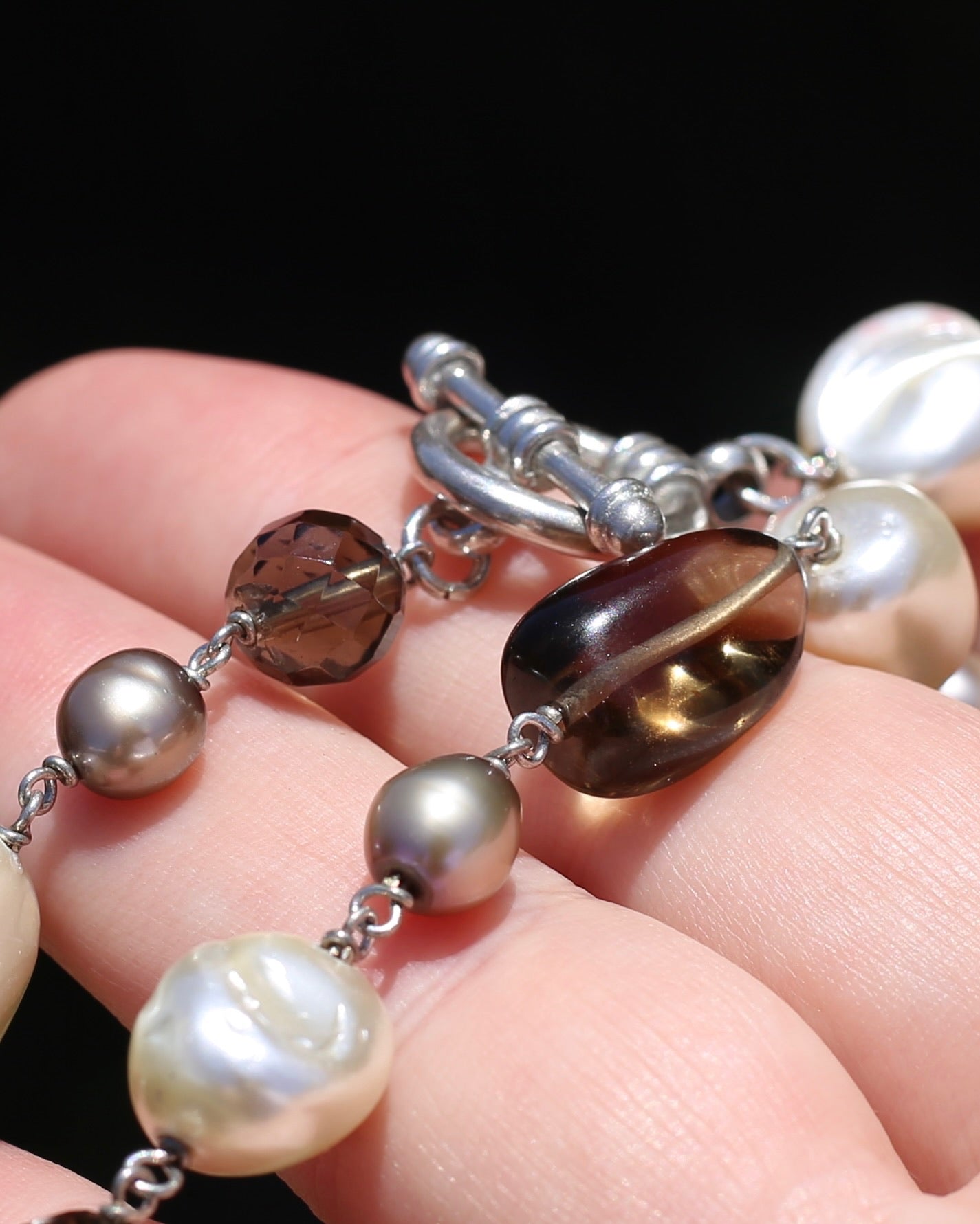 Baroque White Pearl, Grey Pearl and Smoky Quartz Neckalce, Silver Clasp and Findings, 43g