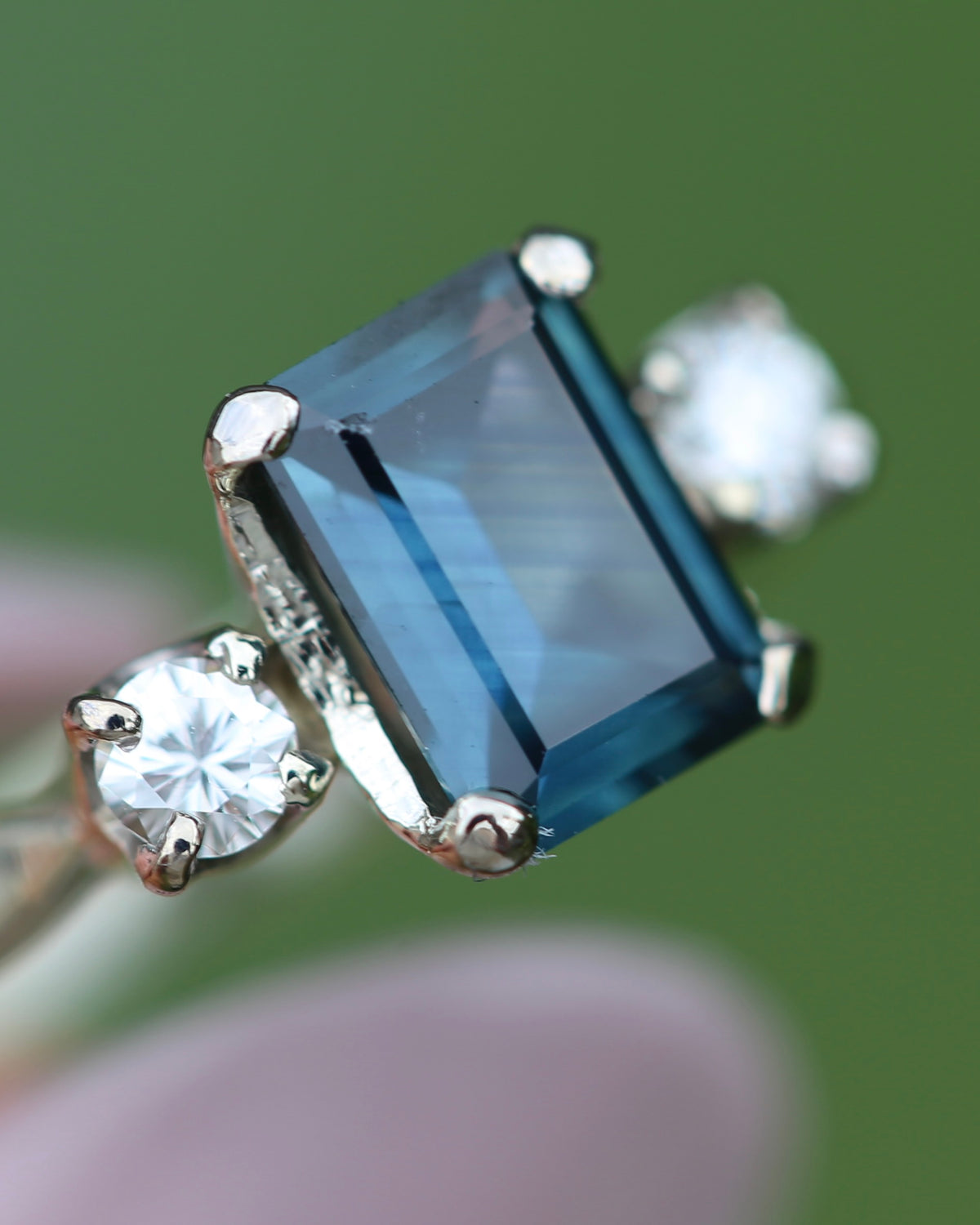 1.1ct Emerald Cut Natural Blue Teal Sapphire and Diamond Trilogy, 18ct White Gold and Platinum, size O or just over 7, 2.27g
