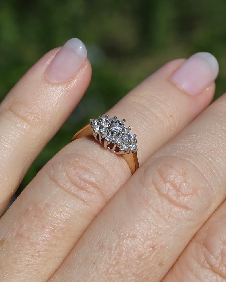 1991 London Made Diamond Cluster Ring, 9ct Yellow and White Gold, size J or 4.75, 2.2g