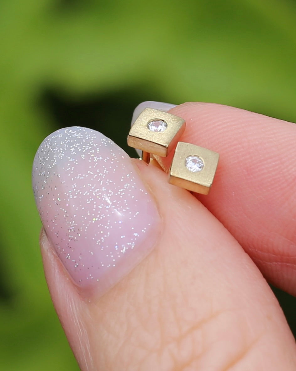 Vintage Brushed Gold Square Studs with Glass Stones, 8ct Yellow Gold, 0.89g